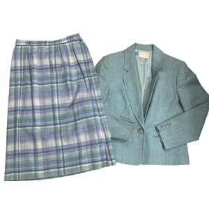 Pendleton Women's 2 Piece Plaid Wool Blazer Skirt Set Size 12 Blue Purple plaid‎
